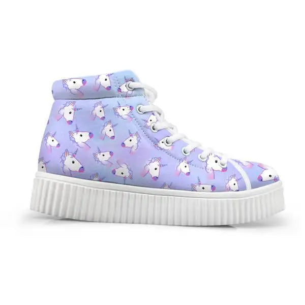 Canvas Hi Top Unicorn Pattern Shoes with Comfortable Wedge Heel - Purple Unicorn / 5 - Shoes