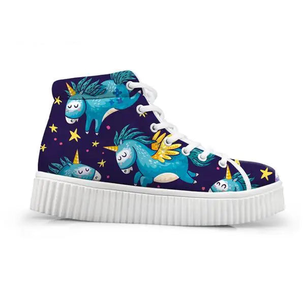 Canvas Hi Top Unicorn Pattern Shoes with Comfortable Wedge Heel - Sleepy Unicorn / 5 - Shoes