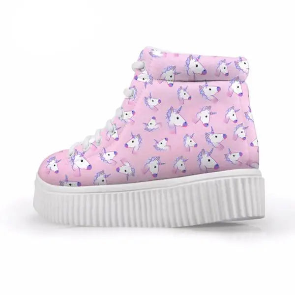 Canvas Hi Top Unicorn Pattern Shoes with Comfortable Wedge Heel - Shoes