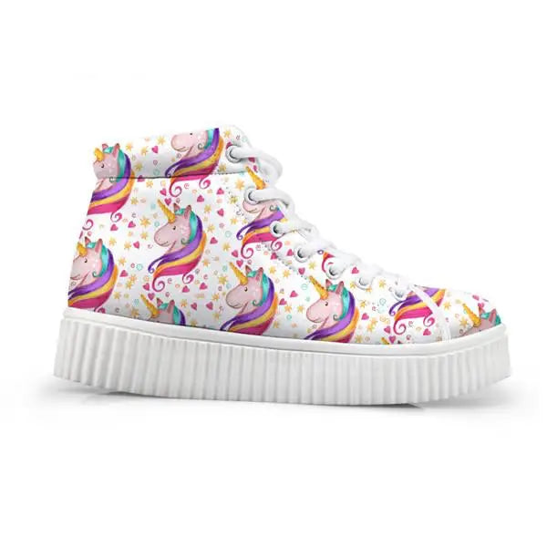 Canvas Hi Top Unicorn Pattern Shoes with Comfortable Wedge Heel - Confetti Unicorn / 5 - Shoes