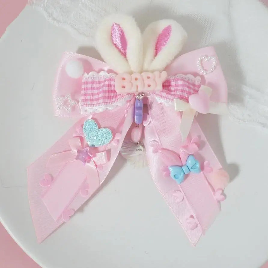 Carefully Hand-Decorated Fairy-Kei Baby Sweet Bunny Bow Clip - hair accessory