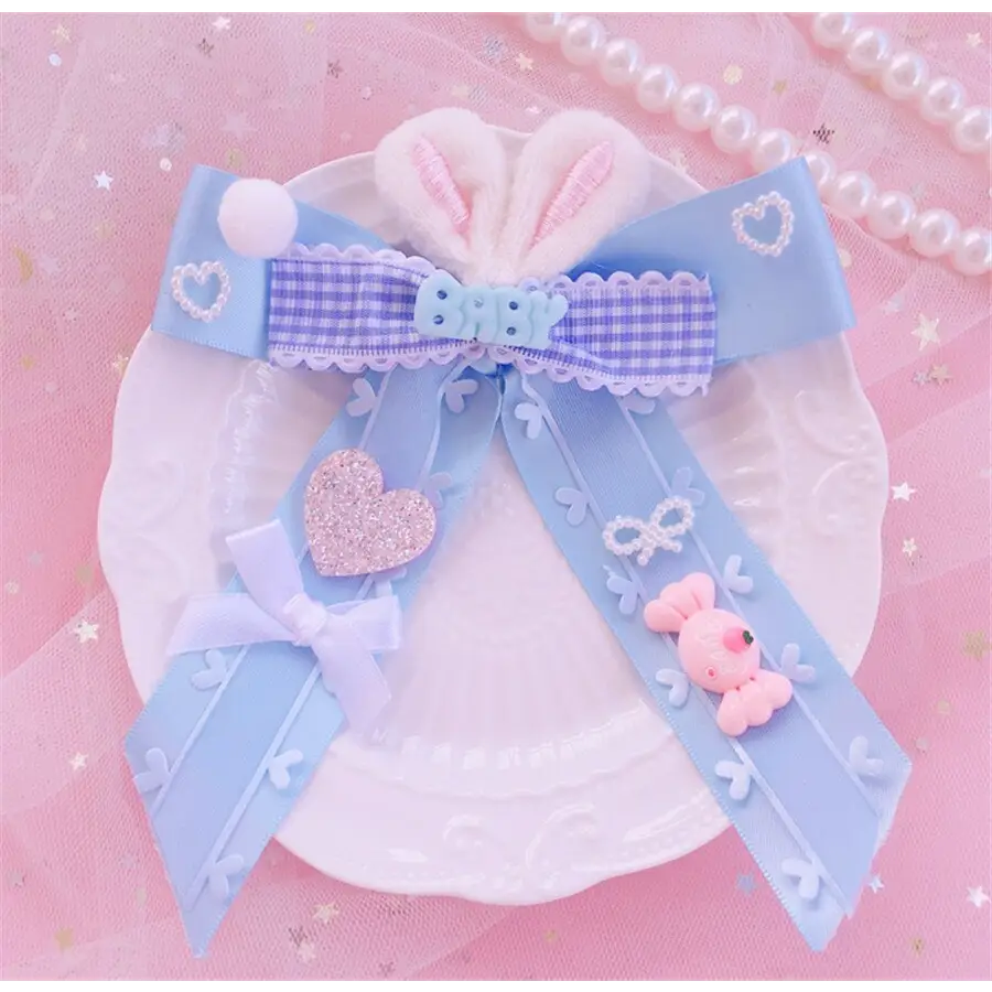 Carefully Hand-Decorated Fairy-Kei Baby Sweet Bunny Bow Clip - Blue Bow Clip - hair accessory