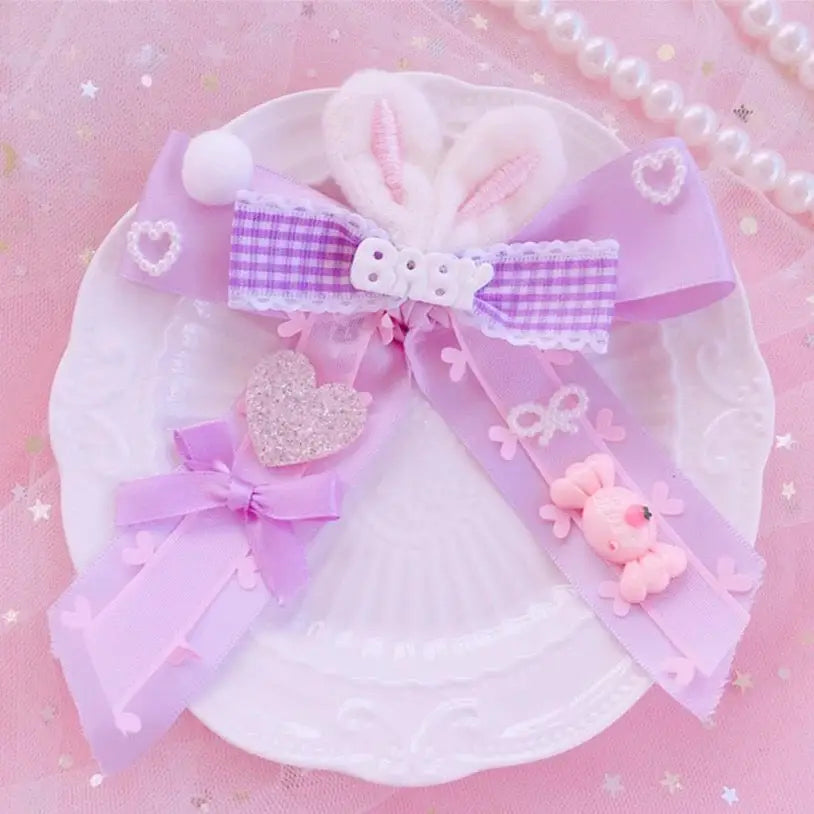 Carefully Hand-Decorated Fairy-Kei Baby Sweet Bunny Bow Clip - Purple Bow Clip - hair accessory