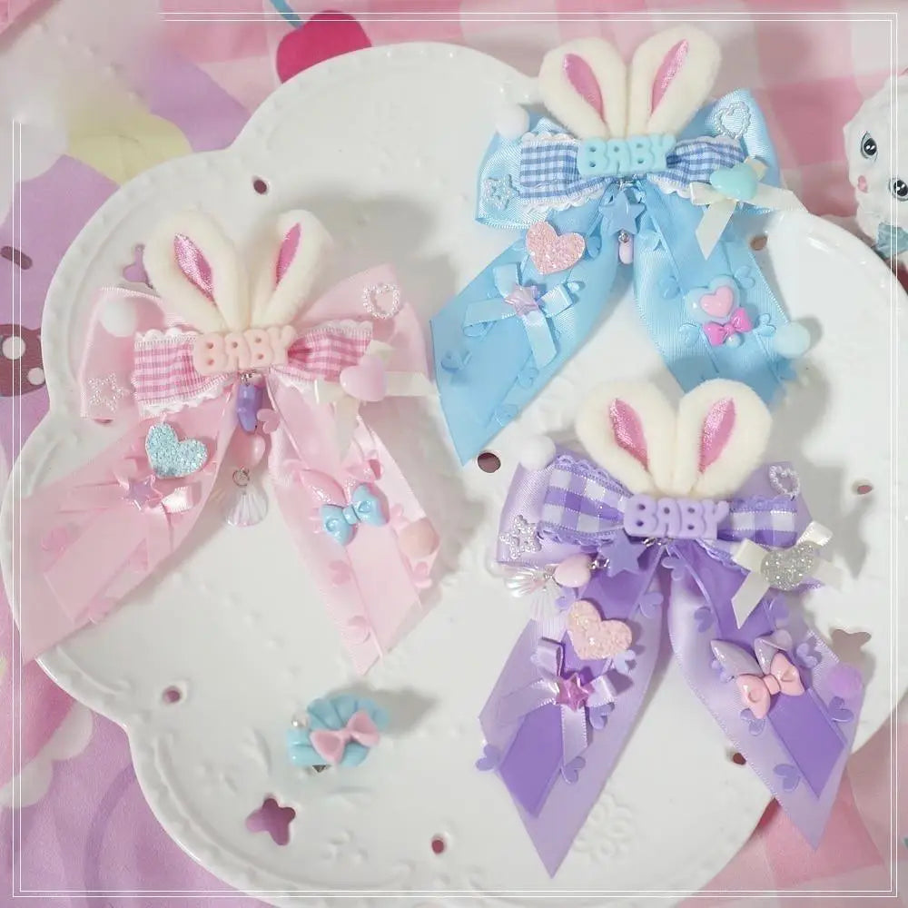 Carefully Hand-Decorated Fairy-Kei Baby Sweet Bunny Bow Clip - hair accessory