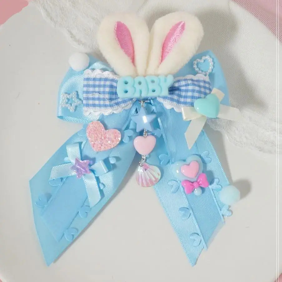 Carefully Hand-Decorated Fairy-Kei Baby Sweet Bunny Bow Clip - hair accessory