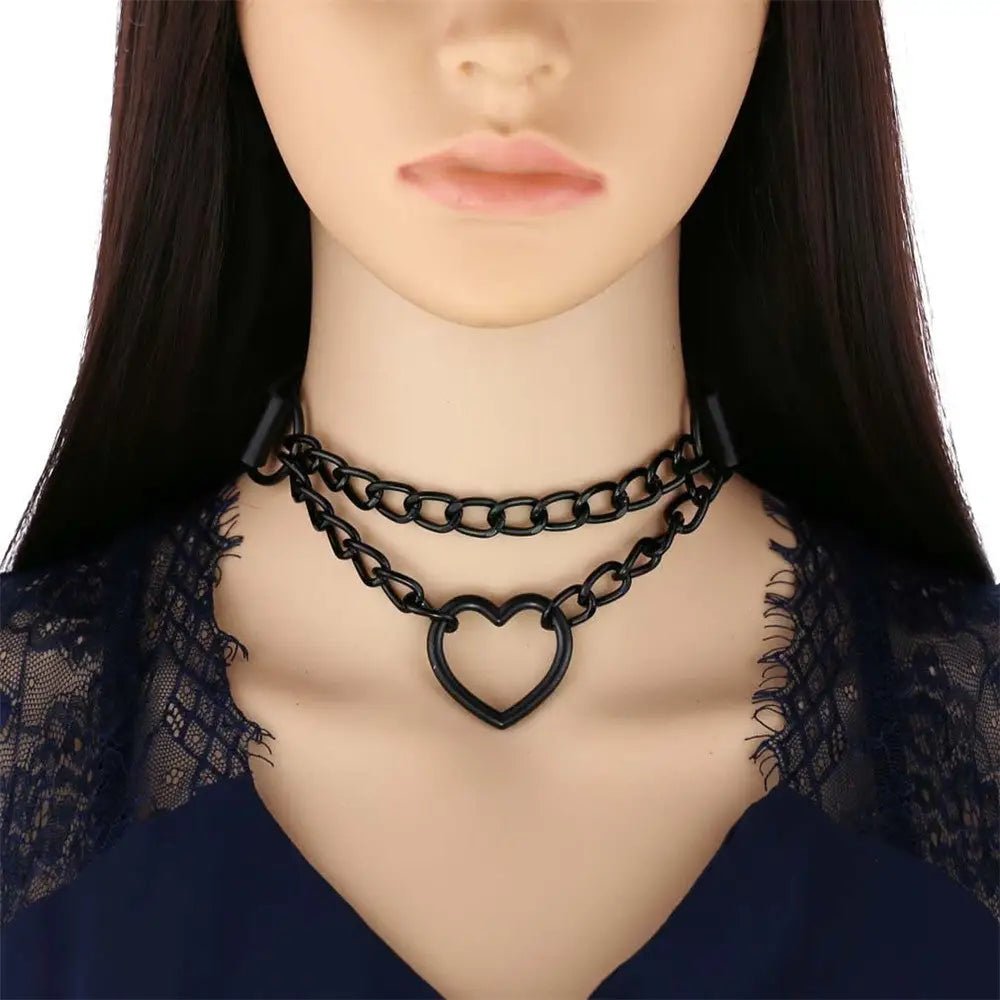 Chained Heart Choker Necklace in Thick Vegan Leather - Cosparty