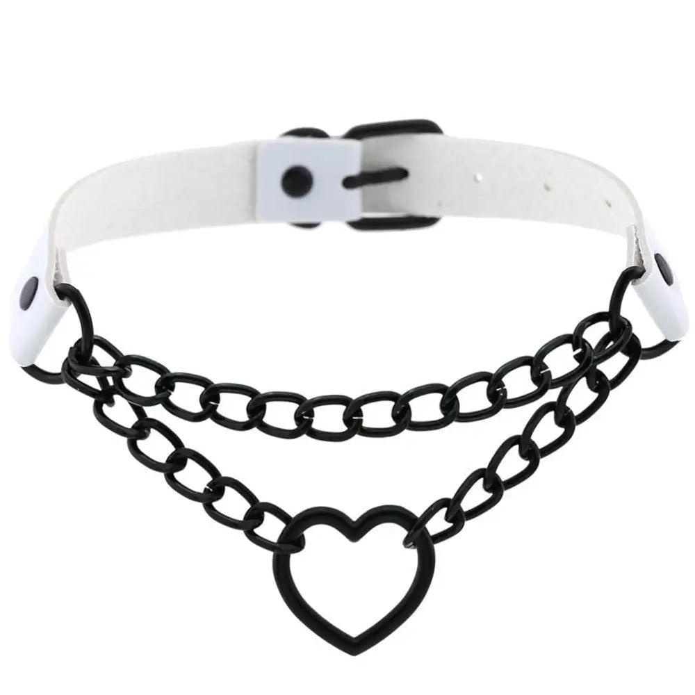 Chained Heart Choker Necklace in Thick Vegan Leather - collar