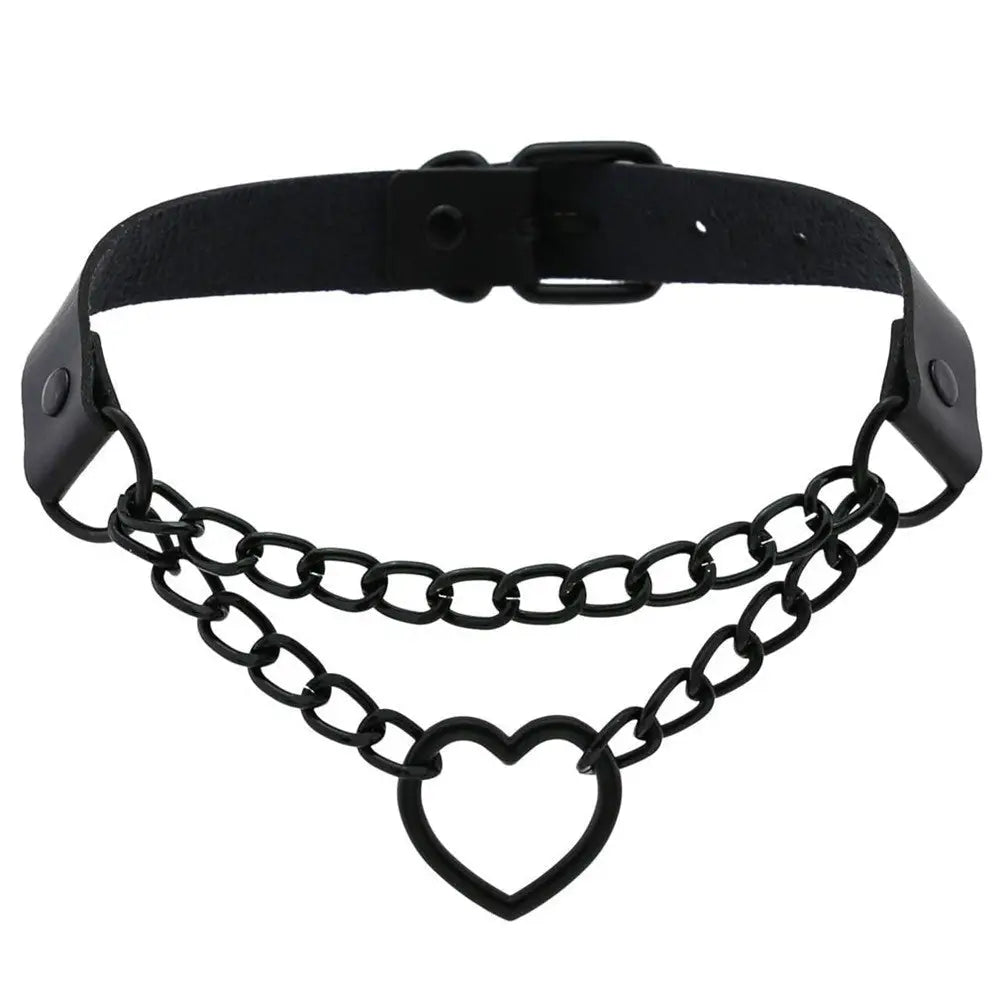 Chained Heart Choker Necklace in Thick Vegan Leather - Cosparty