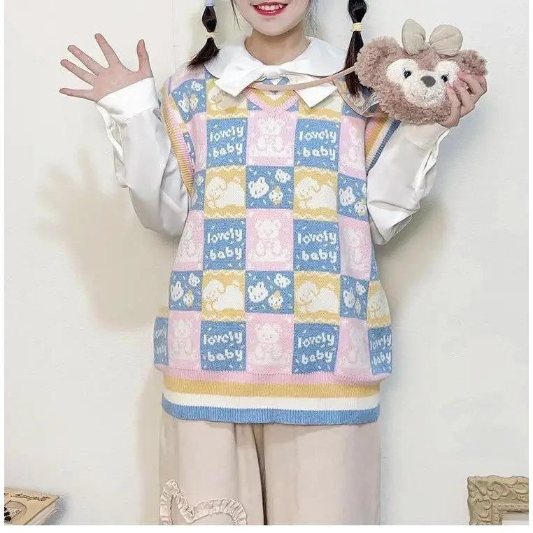 Checkered Bear Knit Vest for Kawaii Lovers - vest