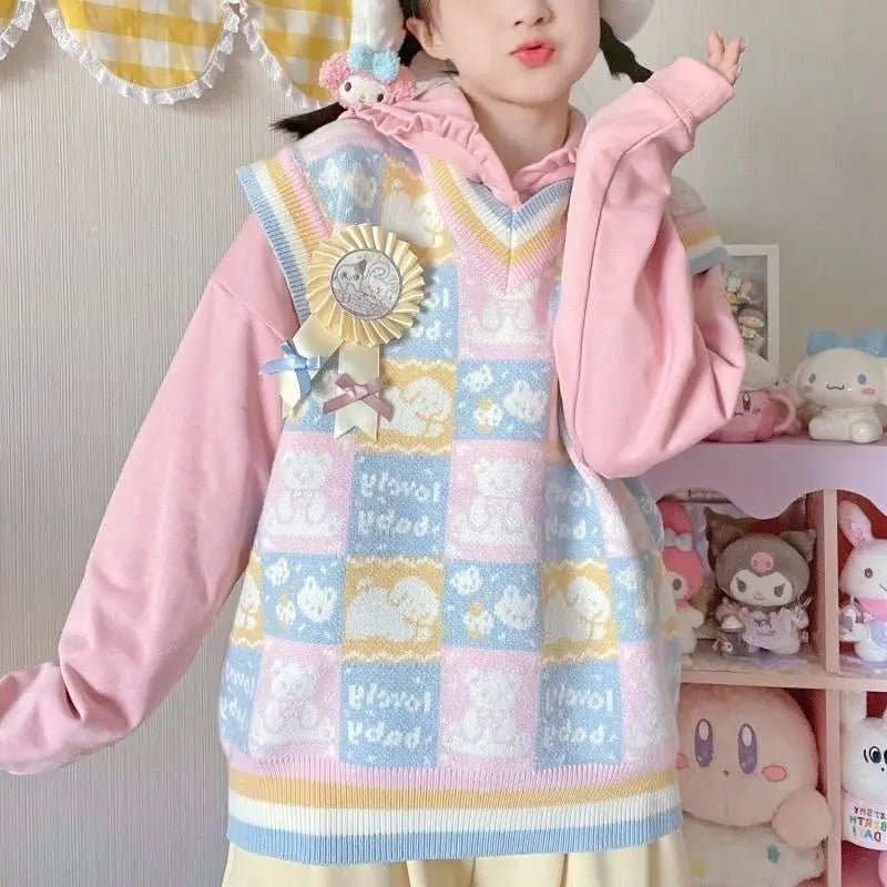 Checkered Bear Knit Vest for Kawaii Lovers - Cosparty