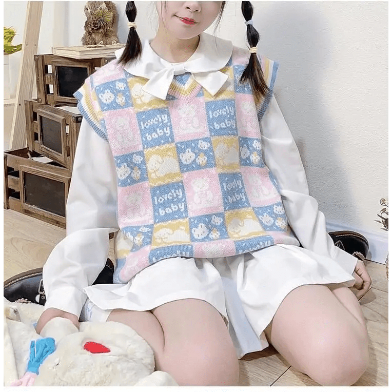 Checkered Bear Knit Vest for Kawaii Lovers - Cosparty