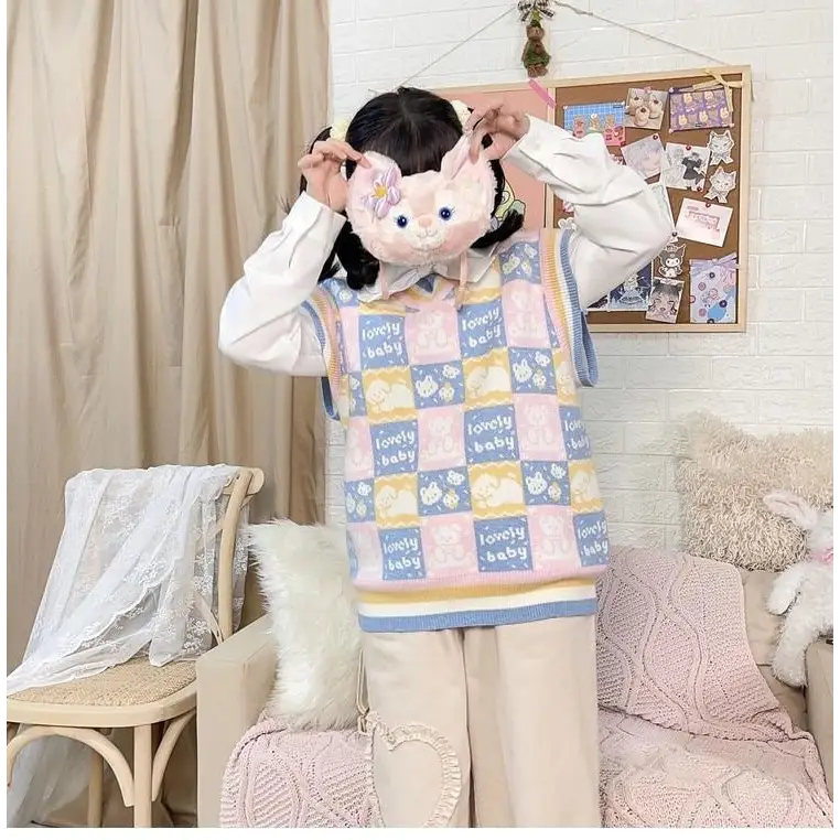 Checkered Bear Knit Vest for Kawaii Lovers - vest