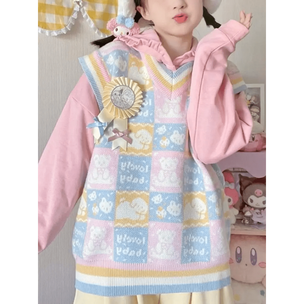 Checkered Bear Knit Vest for Kawaii Lovers - Cosparty