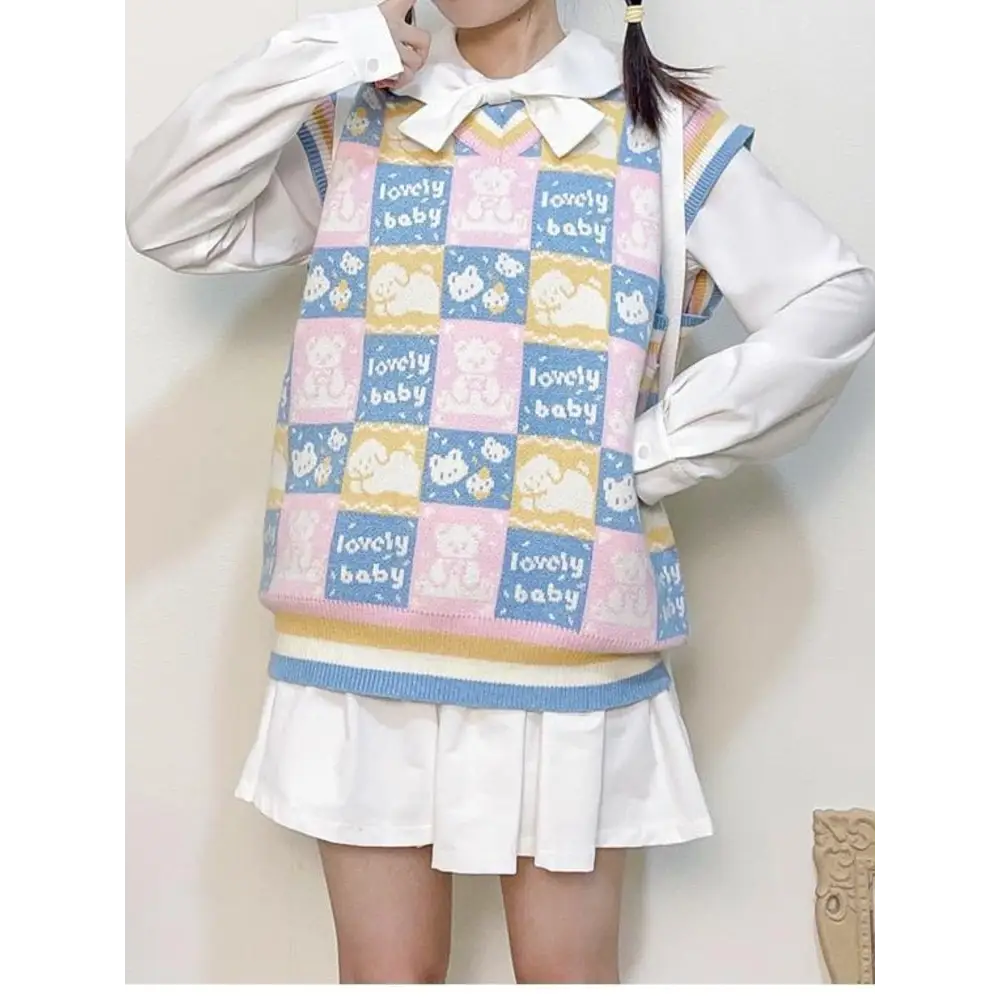 Checkered Bear Knit Vest for Kawaii Lovers - vest