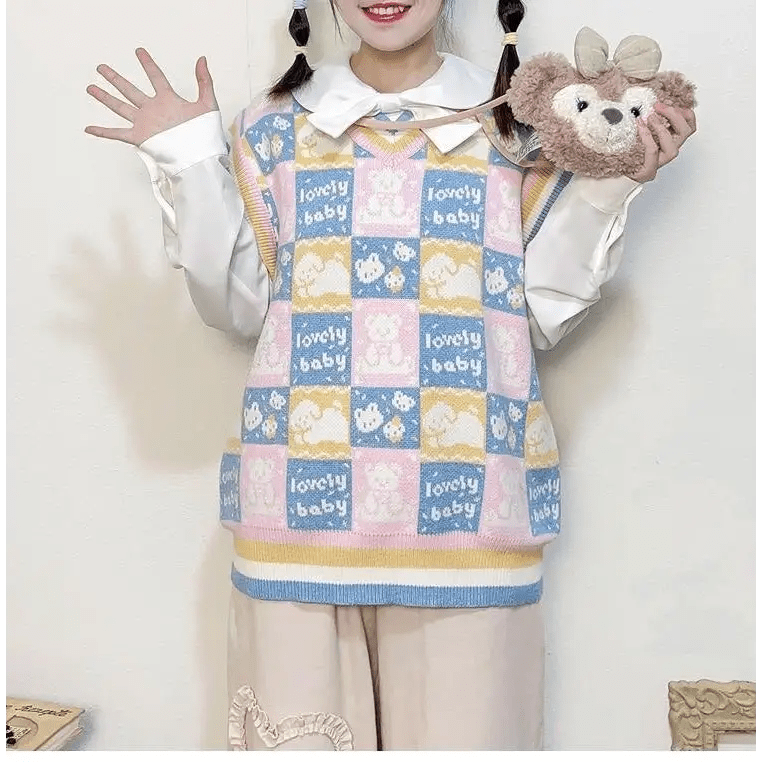 Checkered Bear Knit Vest for Kawaii Lovers - Cosparty
