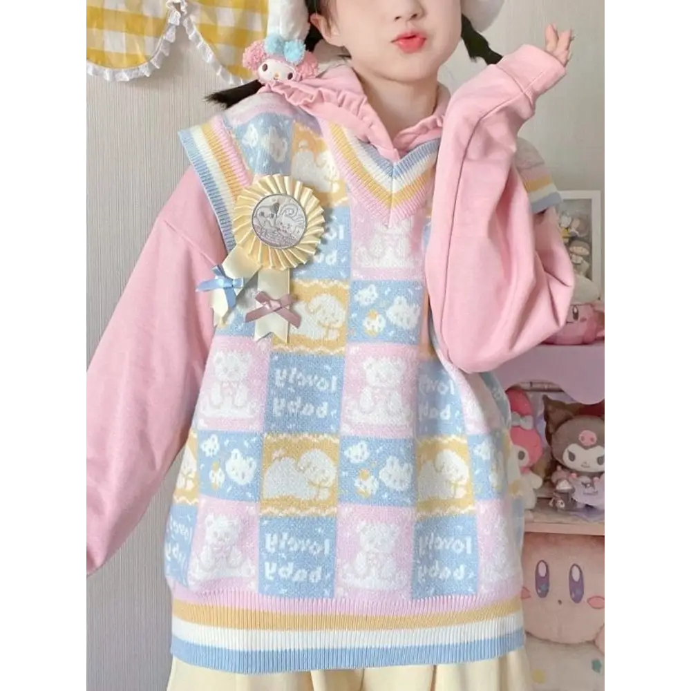 Checkered Bear Knit Vest for Kawaii Lovers - vest