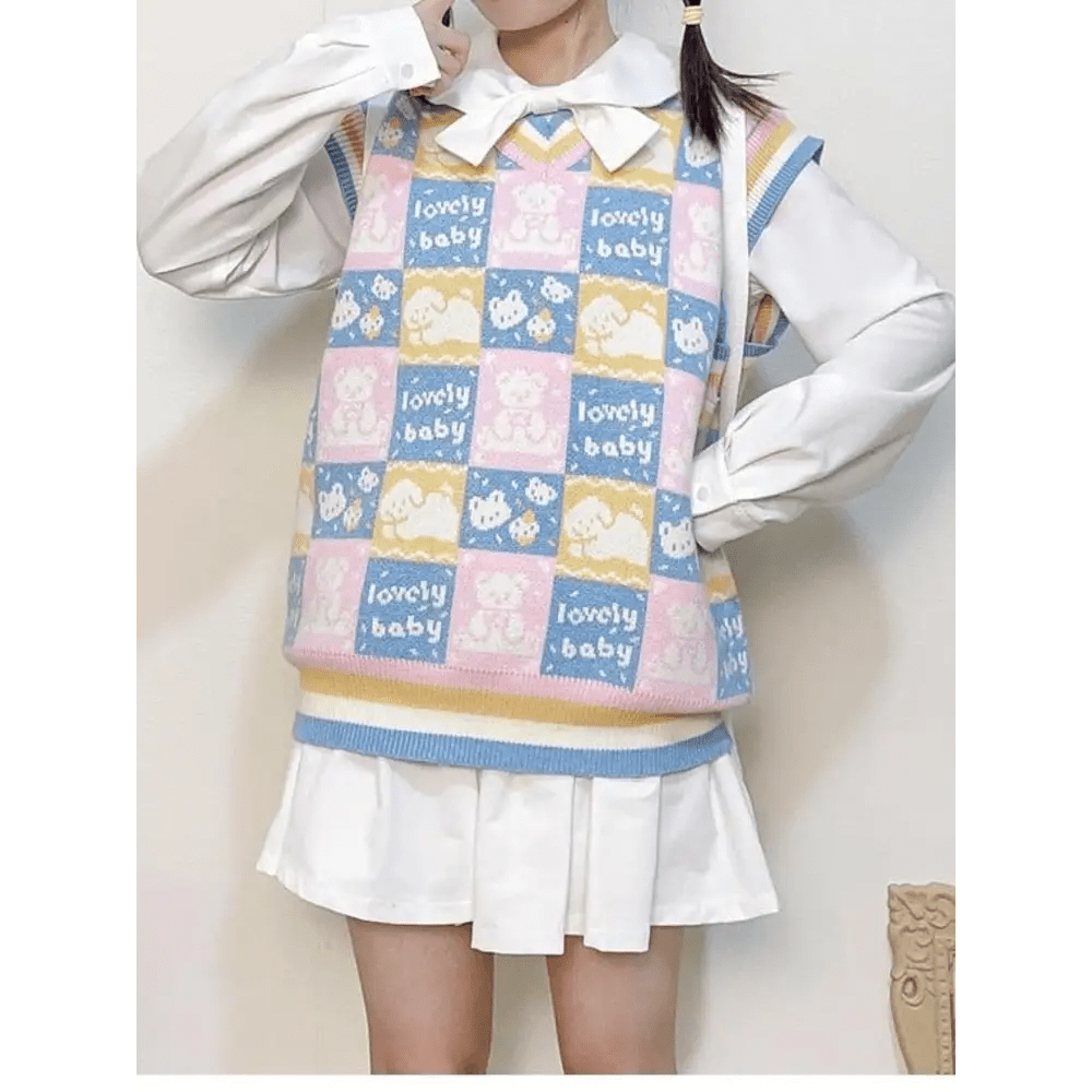 Checkered Bear Knit Vest for Kawaii Lovers - Cosparty