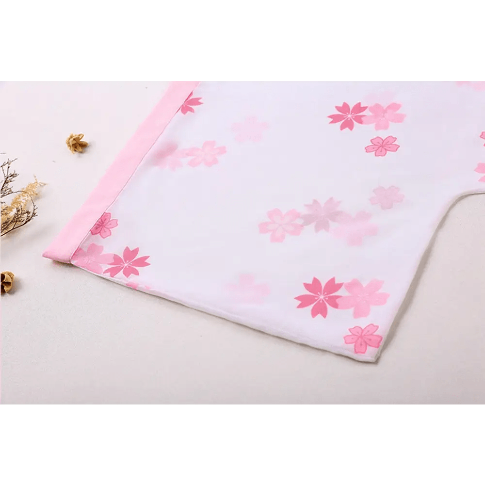 Cherry Blossom Print Kimono Dress in Pastel Pink and White - Cosparty