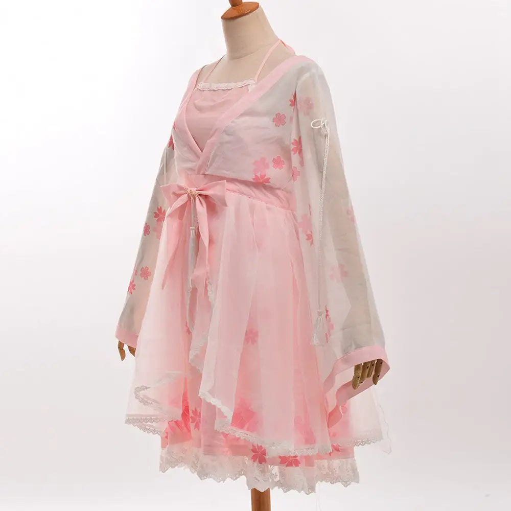 Cherry Blossom Print Kimono Dress in Pastel Pink and White - Dress