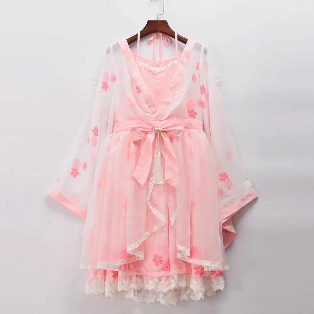 Cherry Blossom Print Kimono Dress in Pastel Pink and White - Cosparty