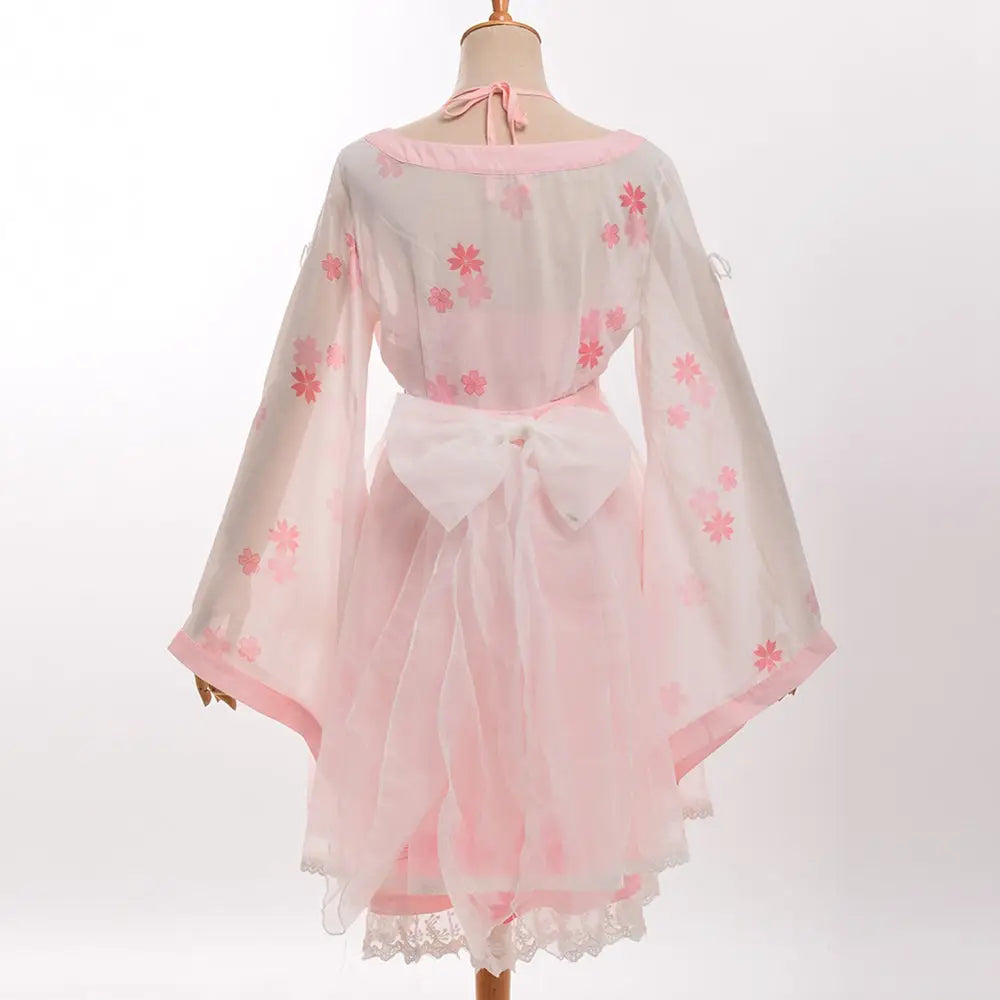 Cherry Blossom Print Kimono Dress in Pastel Pink and White - Dress