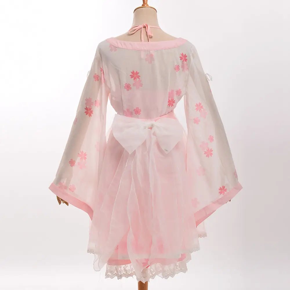 Cherry Blossom Print Kimono Dress in Pastel Pink and White - Cosparty