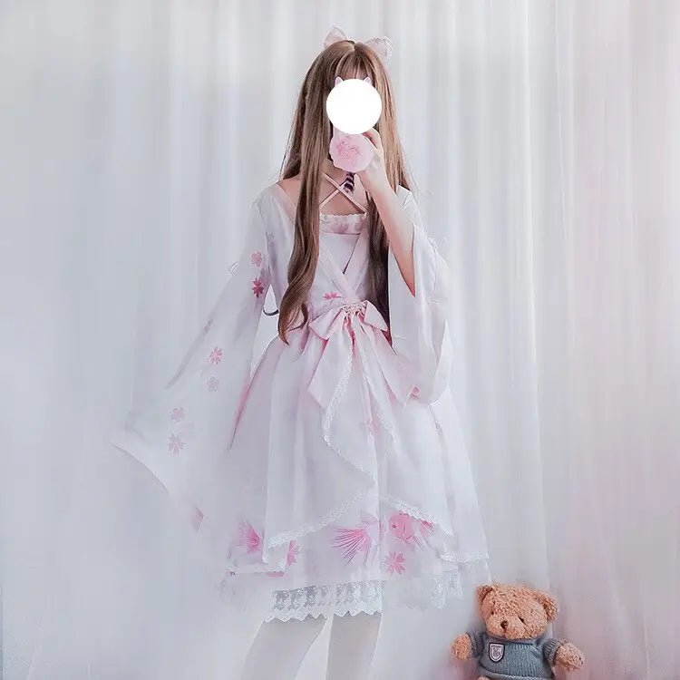 Cherry Blossom Print Kimono Dress in Pastel Pink and White - Cosparty