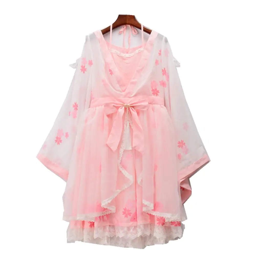 Cherry Blossom Print Kimono Dress in Pastel Pink and White - Dress