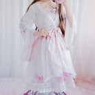 Cherry Blossom Print Kimono Dress in Pastel Pink and White - Cosparty