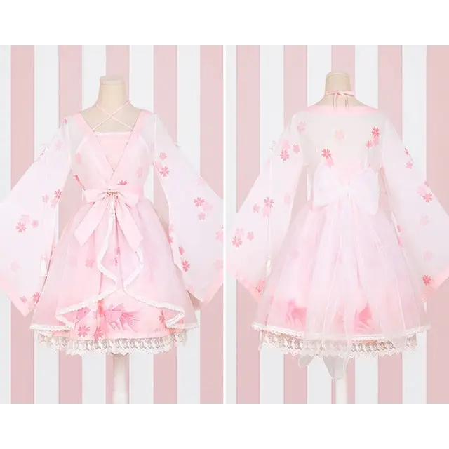 Cherry Blossom Print Kimono Dress in Pastel Pink and White - Dress