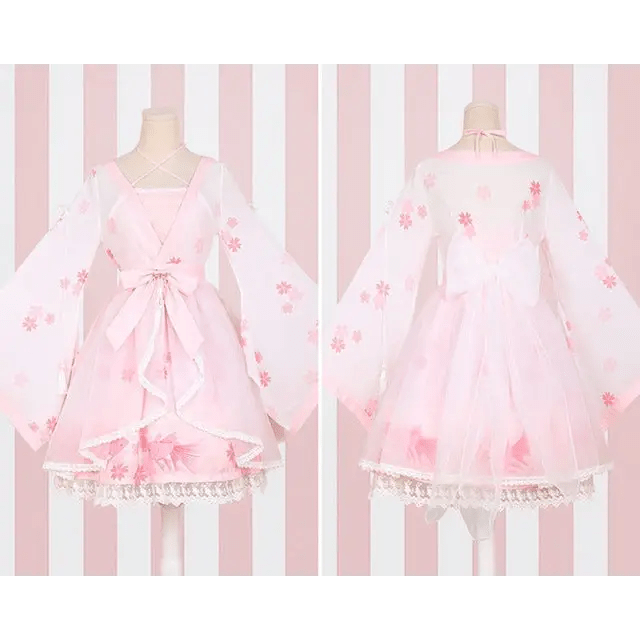 Cherry Blossom Print Kimono Dress in Pastel Pink and White - Cosparty