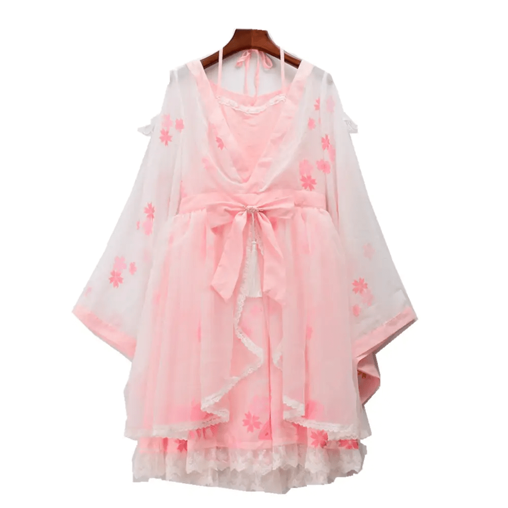 Cherry Blossom Print Kimono Dress in Pastel Pink and White - Cosparty