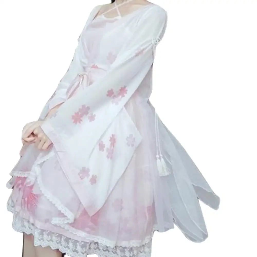 Cherry Blossom Print Kimono Dress in Pastel Pink and White - Dress