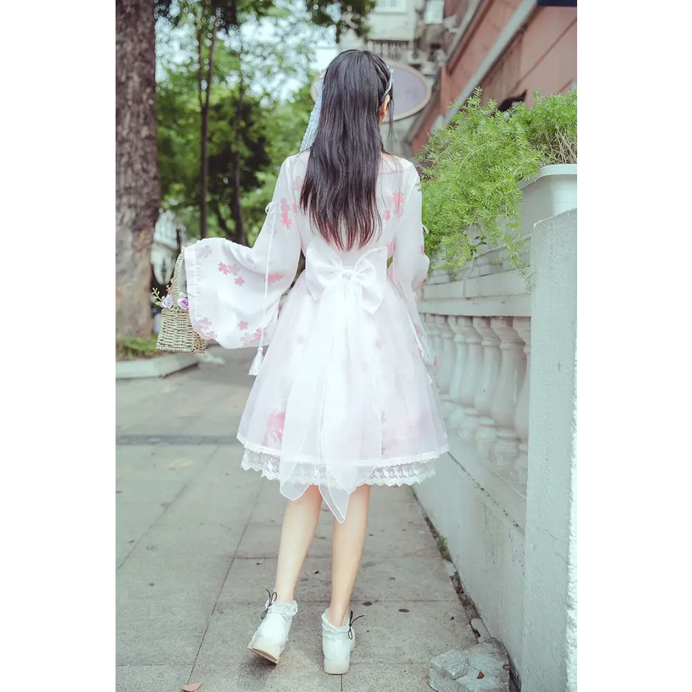 Cherry Blossom Print Kimono Dress in Pastel Pink and White - Dress