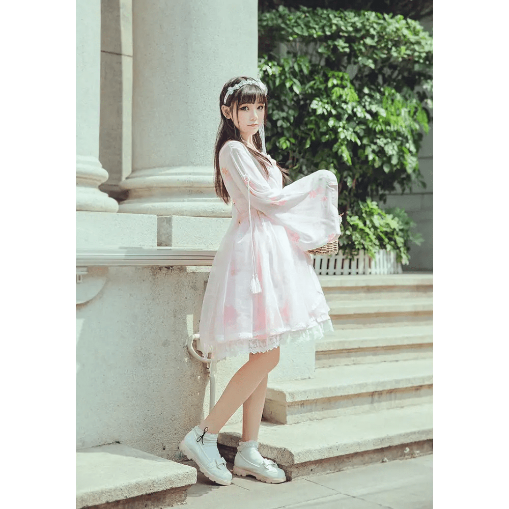 Cherry Blossom Print Kimono Dress in Pastel Pink and White - Cosparty