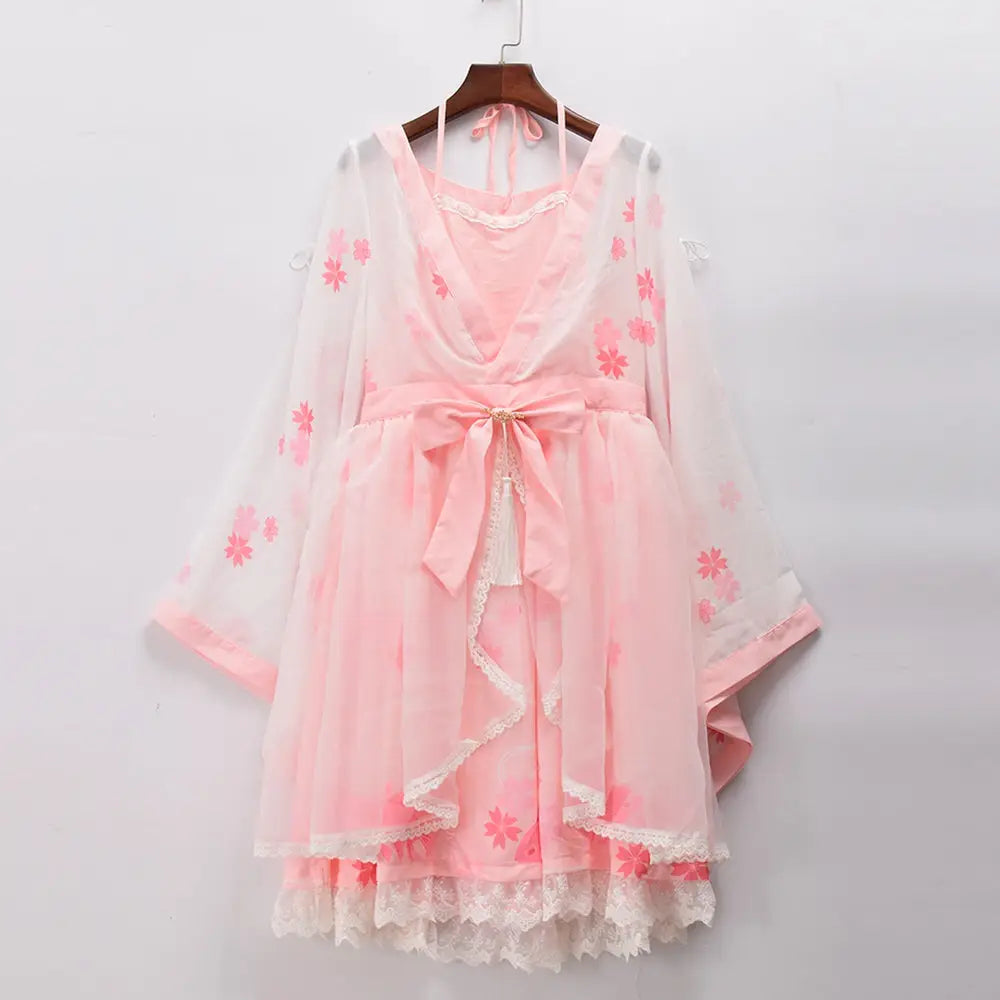 Cherry Blossom Print Kimono Dress in Pastel Pink and White - Dress