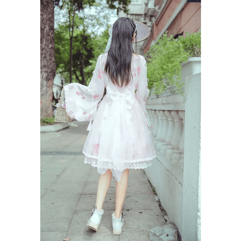 Cherry Blossom Print Kimono Dress in Pastel Pink and White - Cosparty