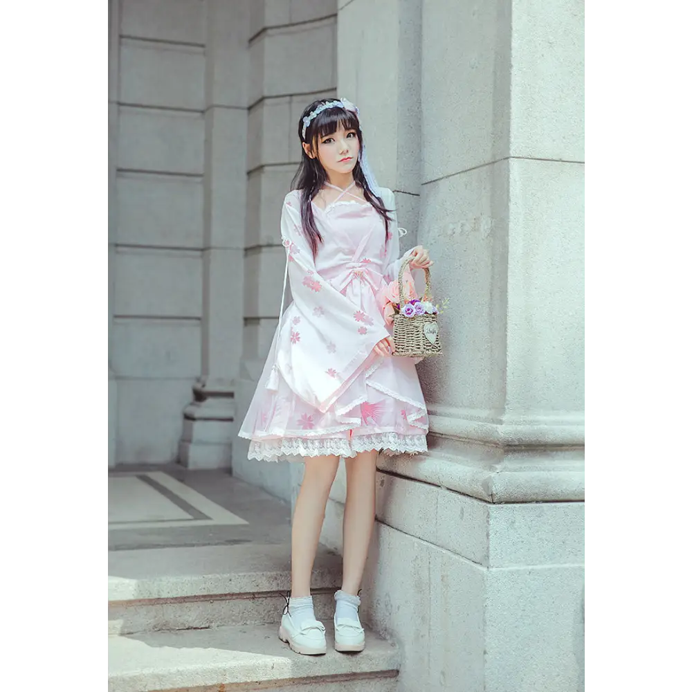 Cherry Blossom Print Kimono Dress in Pastel Pink and White - Dress