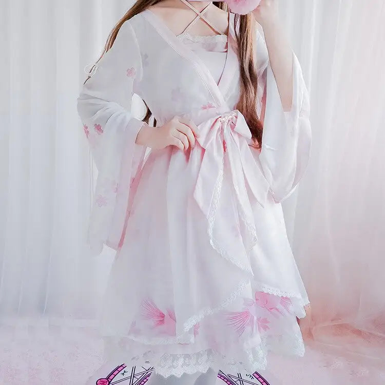 Cherry Blossom Print Kimono Dress in Pastel Pink and White - Dress