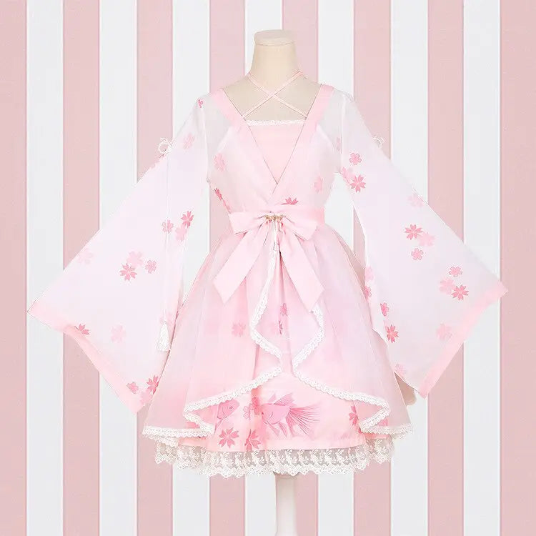 Cherry Blossom Print Kimono Dress in Pastel Pink and White - S - Dress