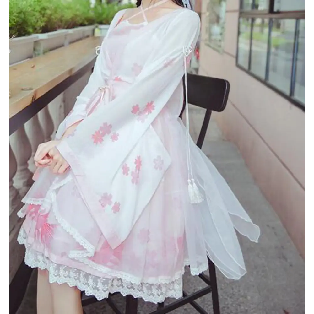 Cherry Blossom Print Kimono Dress in Pastel Pink and White - Dress