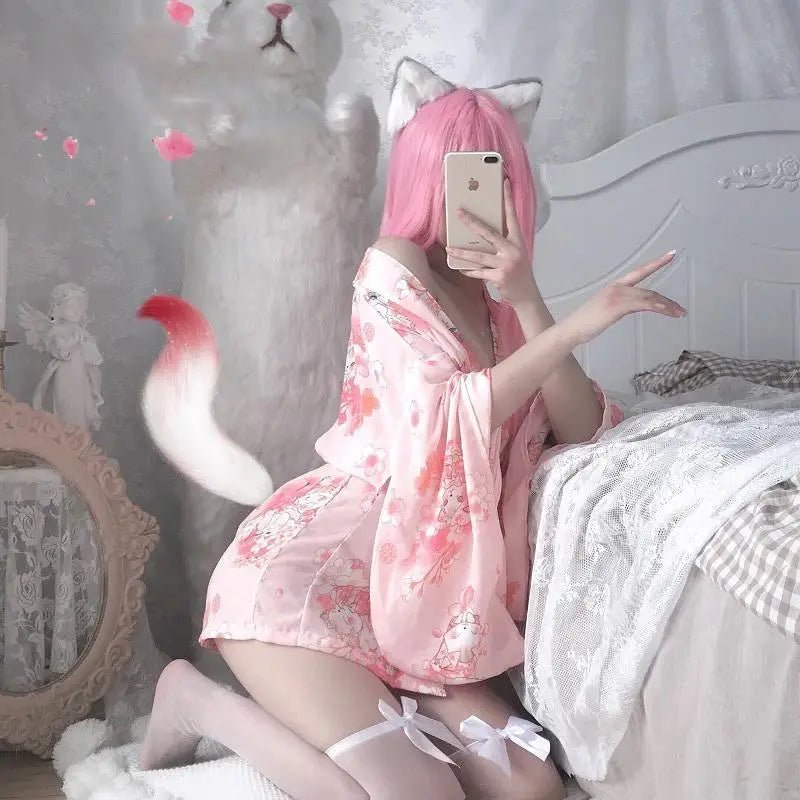 Cherry Blossom Printed Kimono Robe Dress Lingerie for Girly Vixens - Cosparty