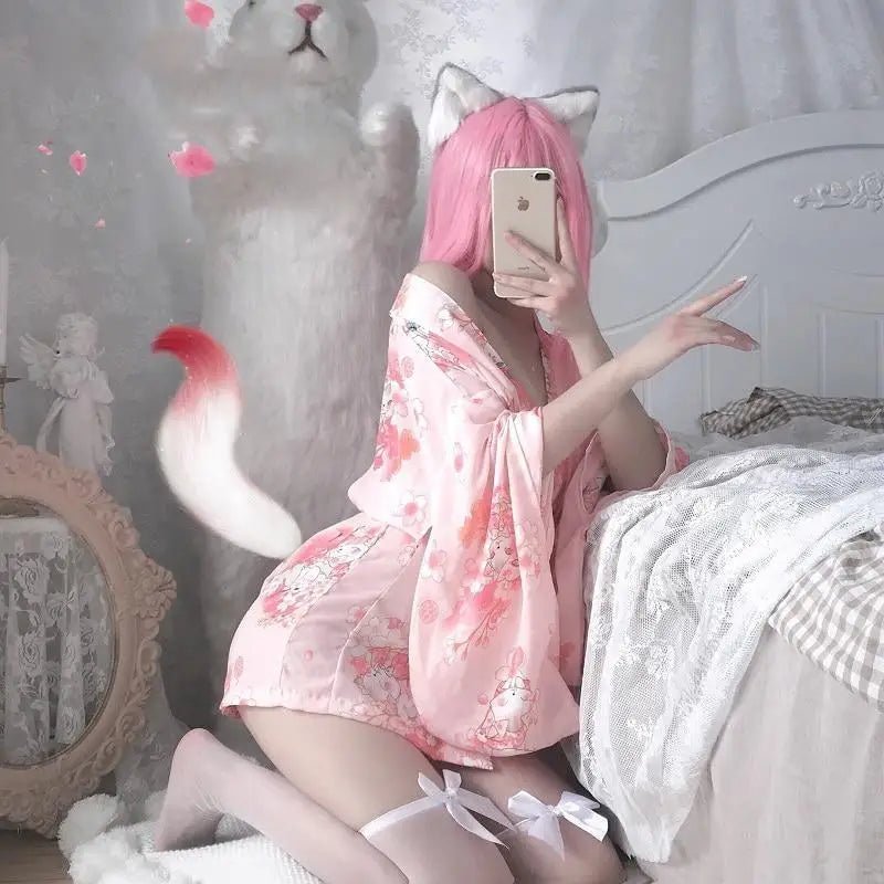 Cherry Blossom Printed Kimono Robe Dress Lingerie for Girly Vixens - Cosparty