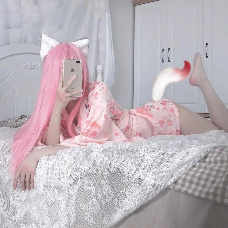 Cherry Blossom Printed Kimono Robe Dress Lingerie for Girly Vixens - Cosparty