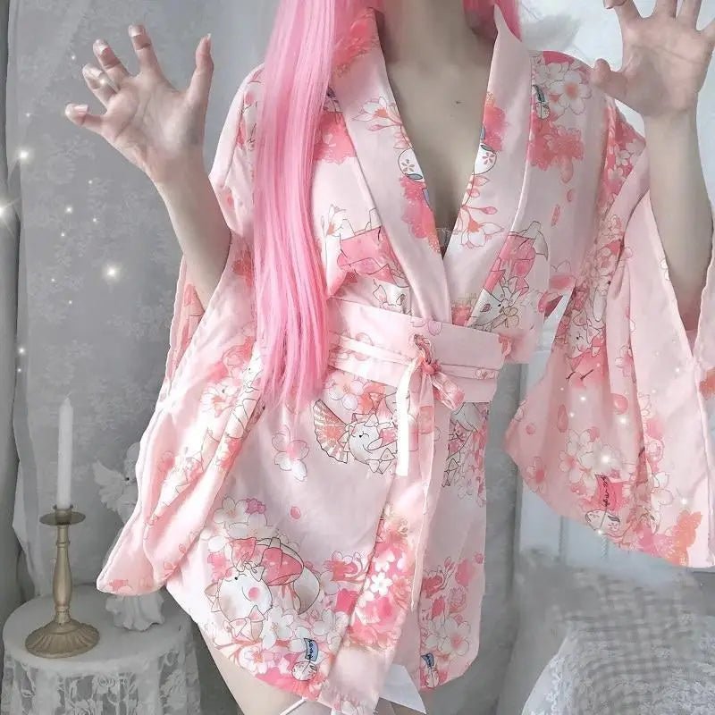 Cherry Blossom Printed Kimono Robe Dress Lingerie for Girly Vixens - Cosparty