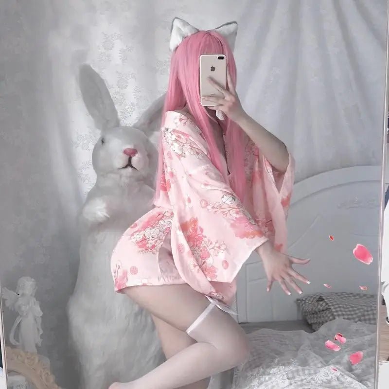 Cherry Blossom Printed Kimono Robe Dress Lingerie for Girly Vixens - Cosparty