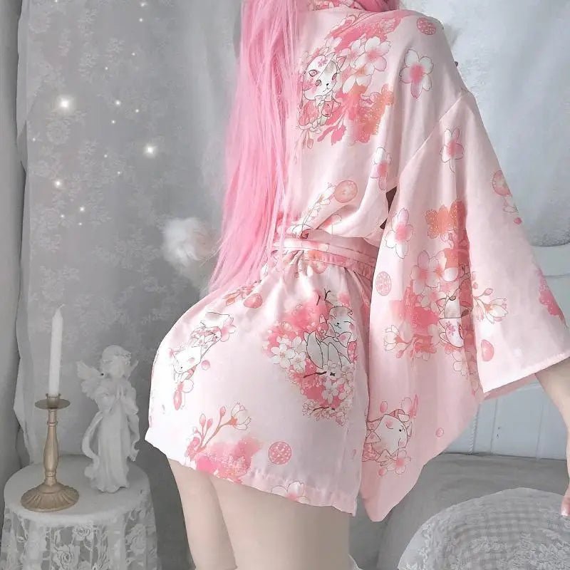 Cherry Blossom Printed Kimono Robe Dress Lingerie for Girly Vixens - Cosparty
