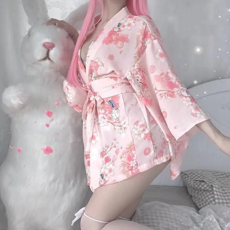 Cherry Blossom Printed Kimono Robe Dress Lingerie for Girly Vixens - Cosparty