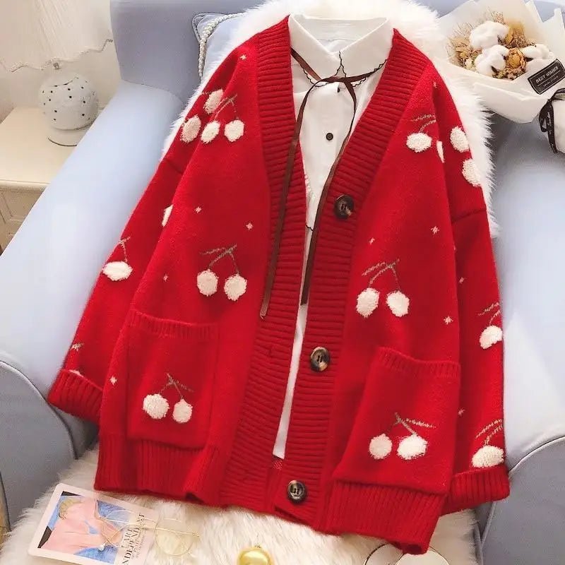 Cherry Cardigan with Adorable Embroidery and Luxurious Knit Material - Cosparty