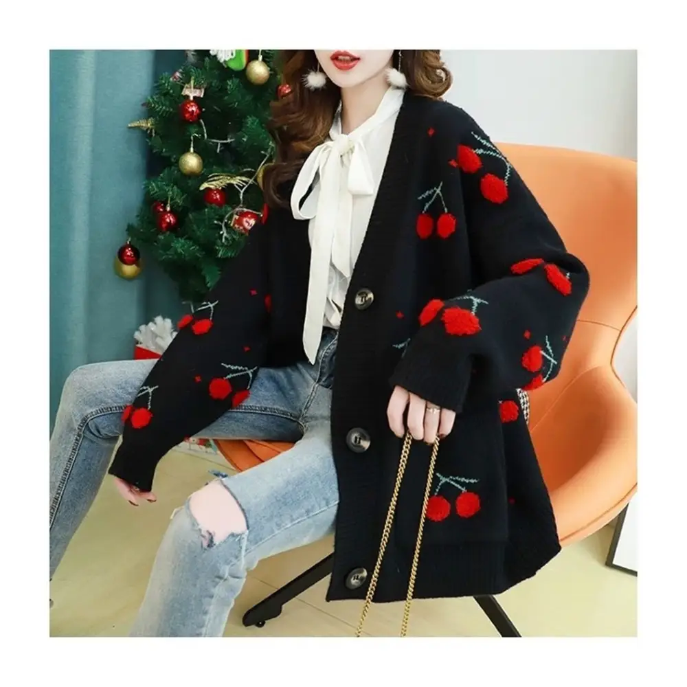 Cherry Cardigan with Adorable Embroidery and Luxurious Knit Material - sweater